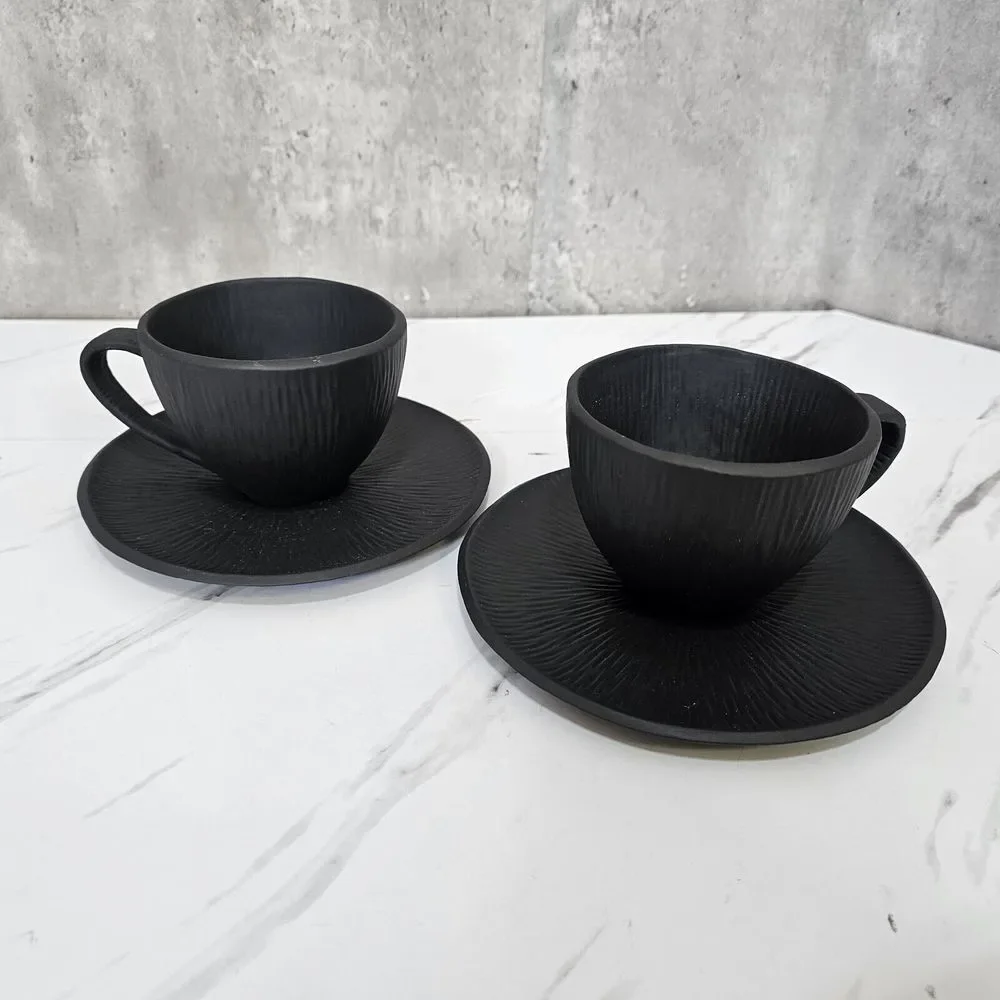 Lot of 2 Michael Aram Africana Black Matte Porcelain‎ Tea Cup & Saucer Set